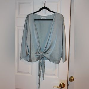 Urban Outfitters Light Blue Satin Low V Neck Tie Top Size M